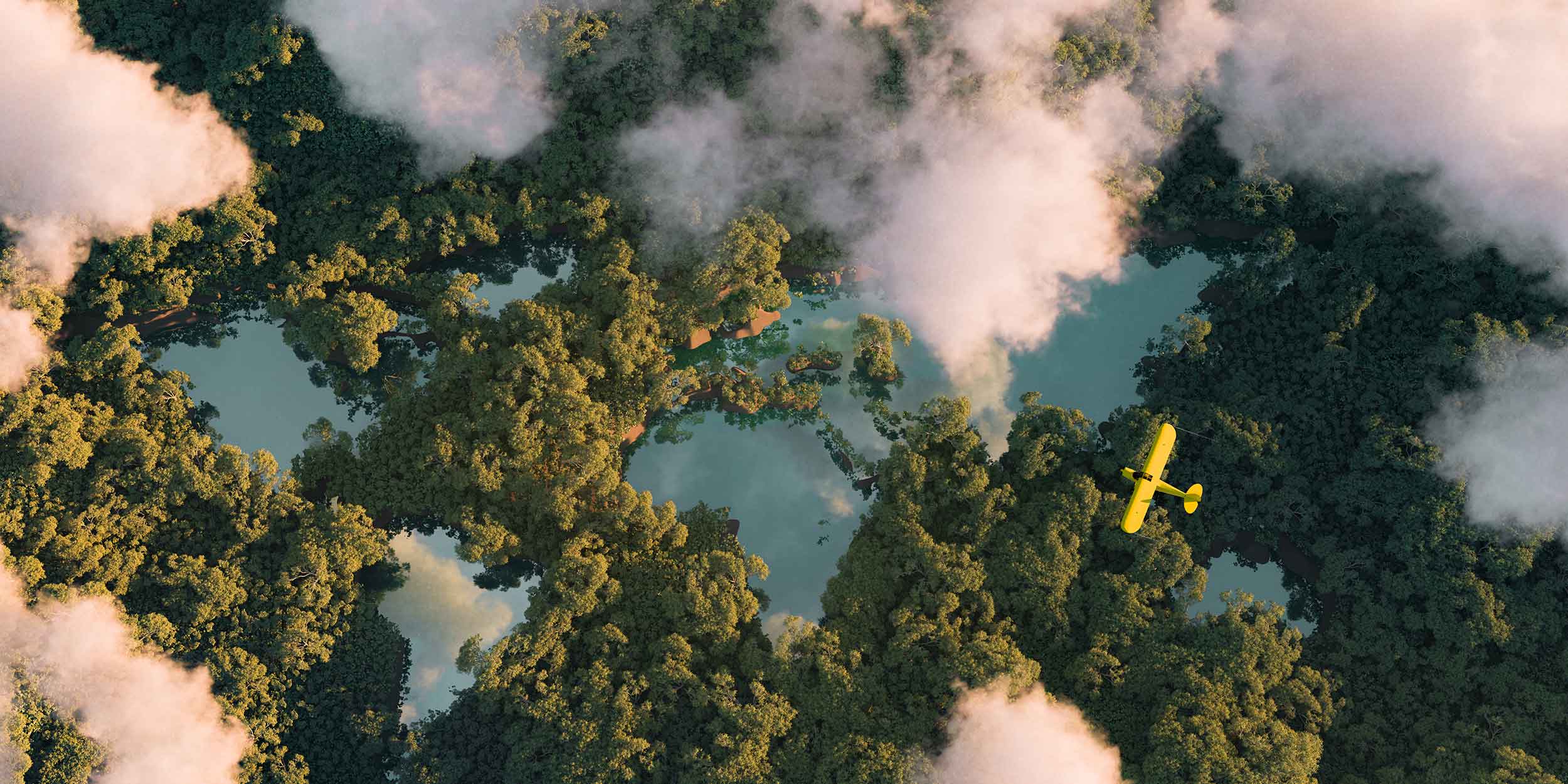 yellow plane flying over lakes and forest