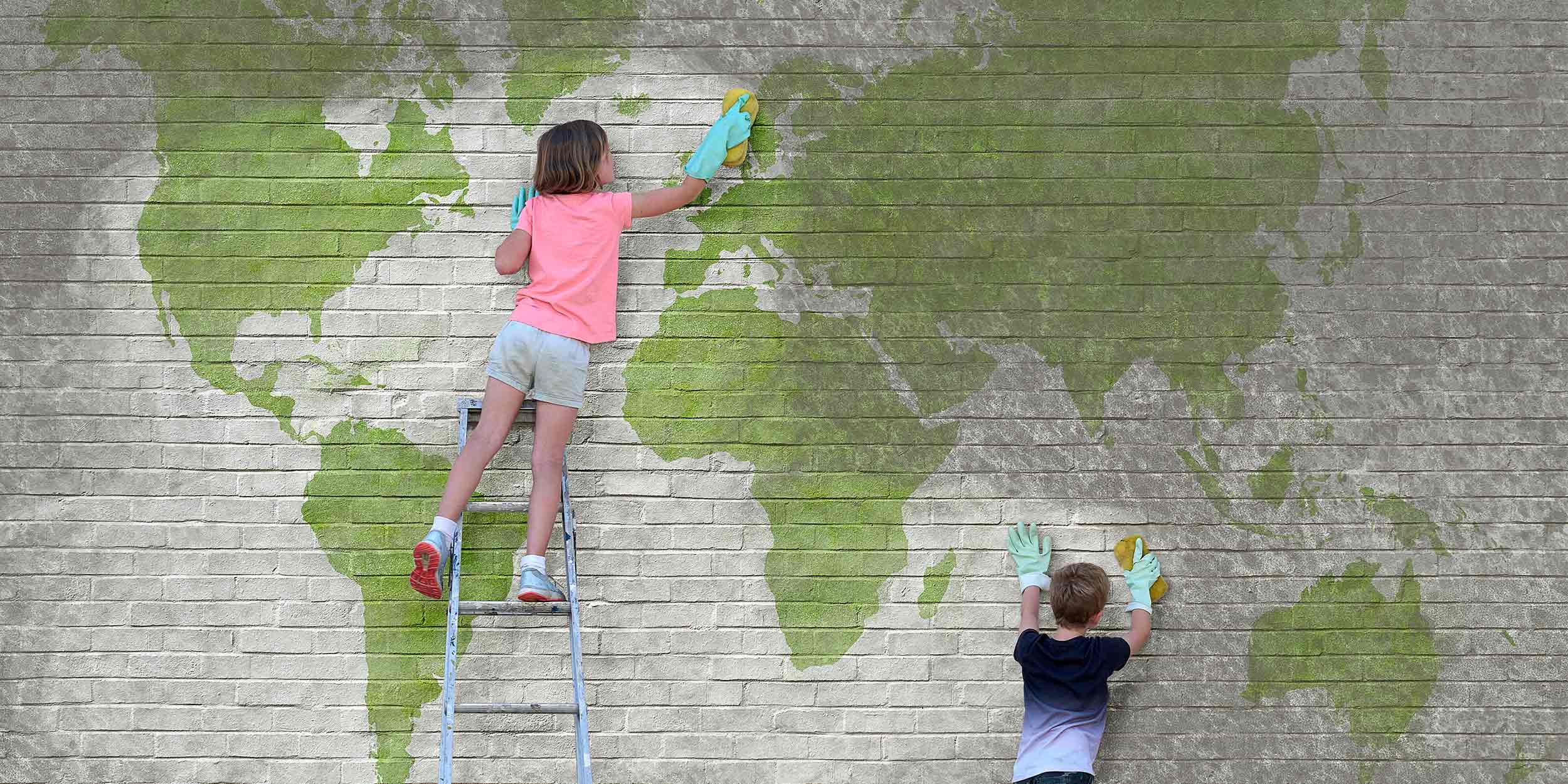 kids cleaning wall with world map