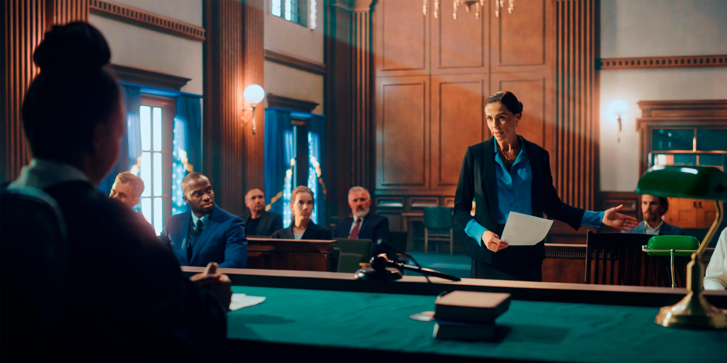 Lawyer litigating in court room