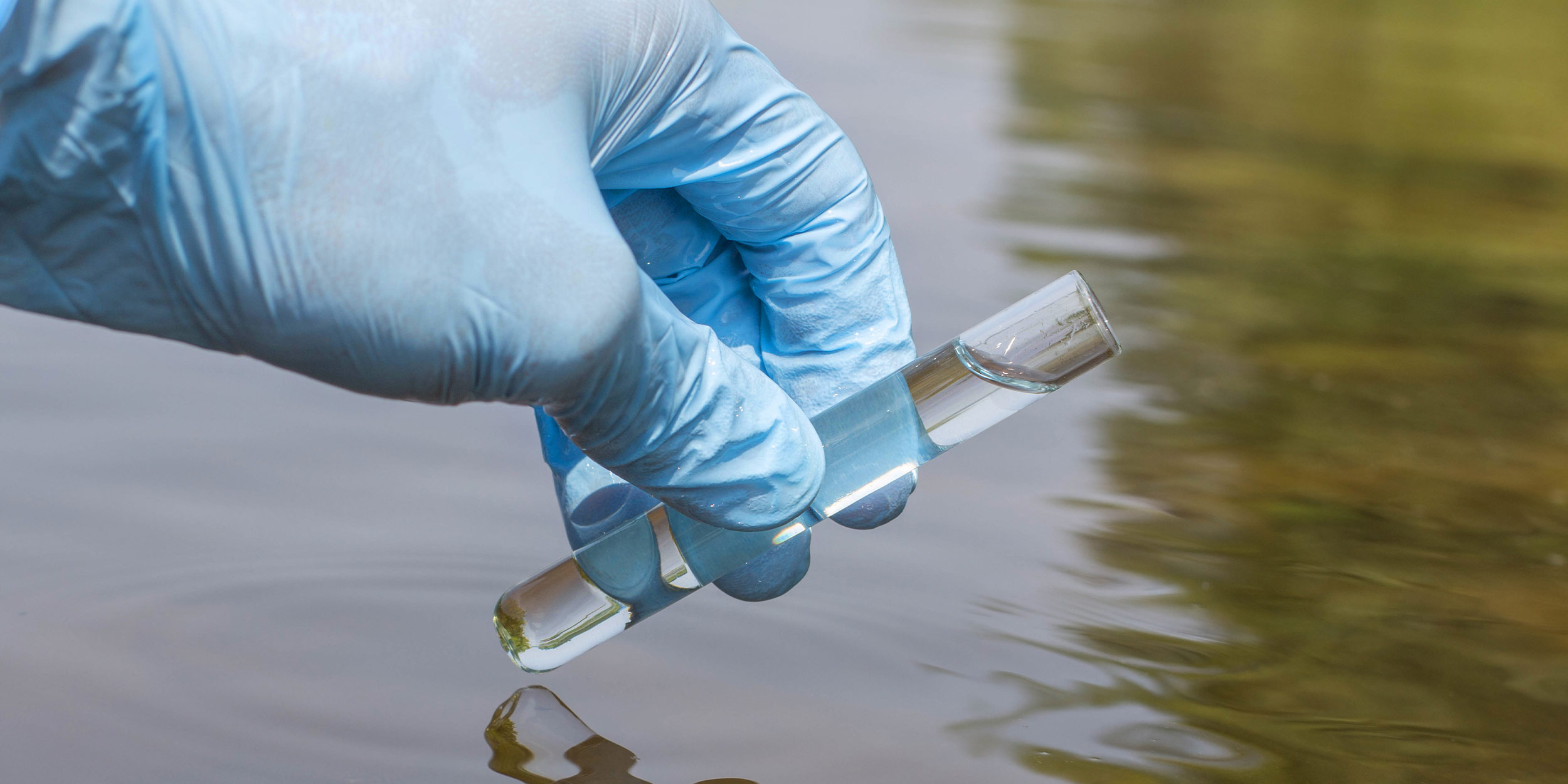 Hand in glove takes a sample of water from the river for analysis